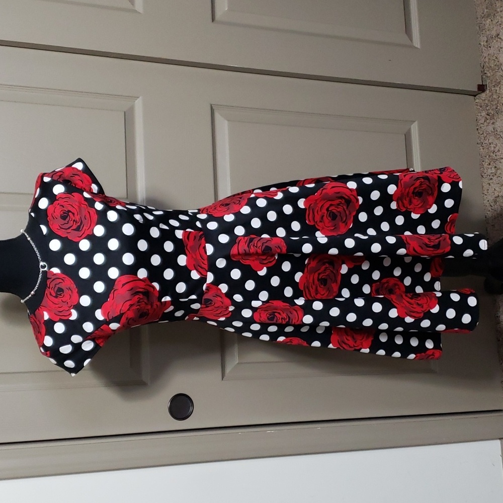 Dressystar black white polka dot rose pin up skater style dress size extra small